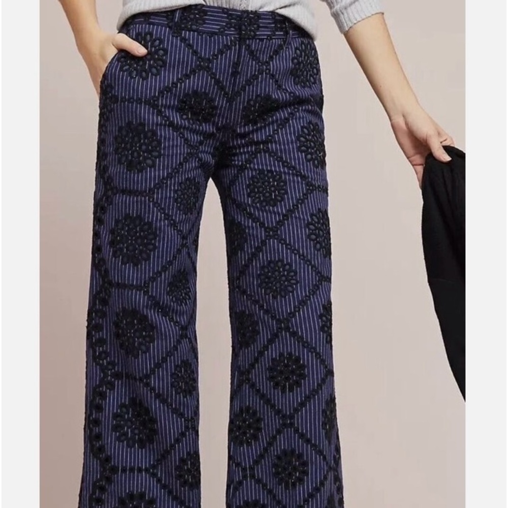 Anthropologie ETT TWA
Embroidered Eyelet Wide Leg Pant
Cotton Blue Black